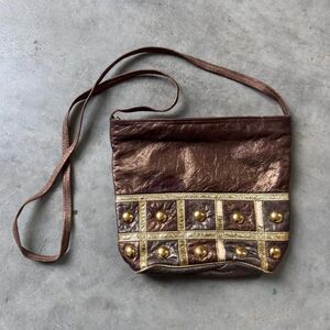 Genuine Leather Brown leather crossbody bag with gold studs and gold trim